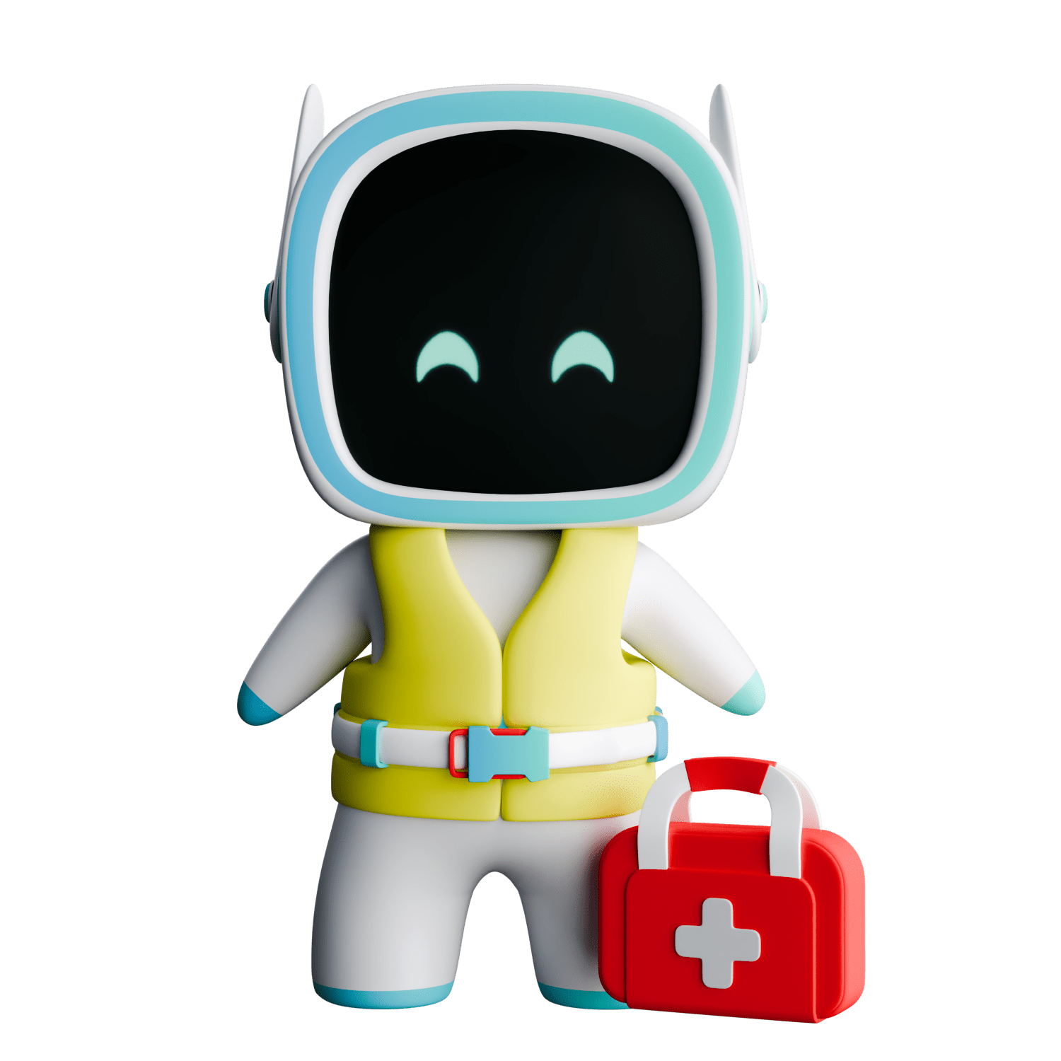 a cartoon character with a black square face and a red first aid kit