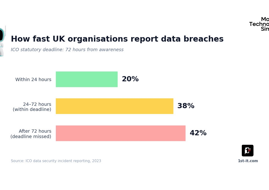 UK data breach reporting chart: 42% miss the ICO 72-hour deadline, illustrating data protection for charities risk.