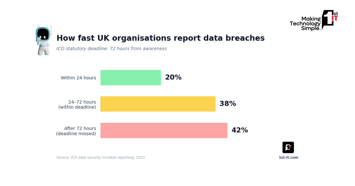 UK data breach reporting chart: 42% miss the ICO 72-hour deadline, illustrating data protection for charities risk.