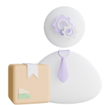 a white figure with purple gears and a purple tie next to a box