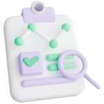 a white and purple clipboard with a magnifying glass and a check mark